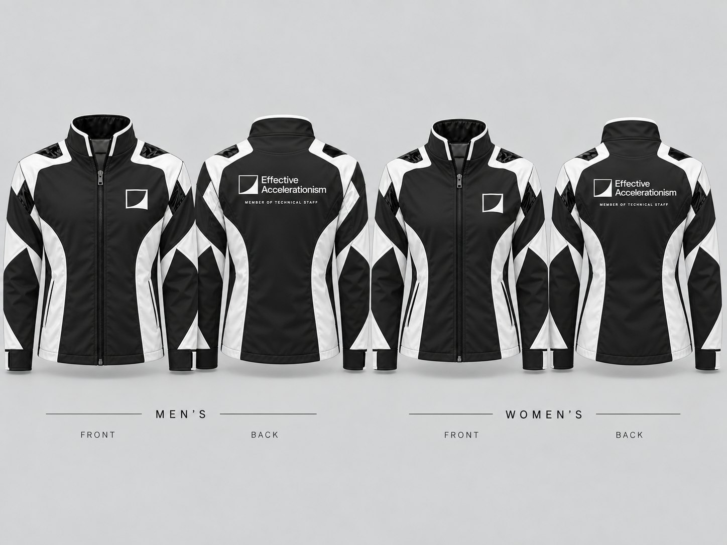 Technical Staff Jacket. Men's front and back, women's front and back.