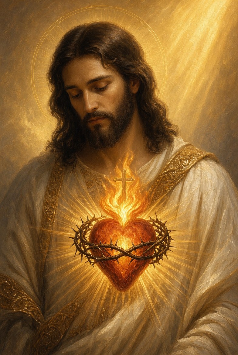 Jesus in white and gold robes, eyes lowered, his Sacred Heart crowned with thorns and aflame beneath a cross.
