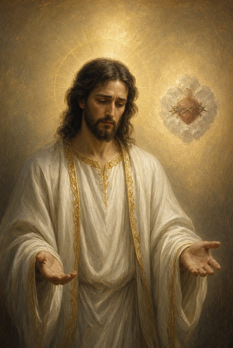 Jesus in white and gold robes opens his hands in mercy, with his Sacred Heart glowing beside him.