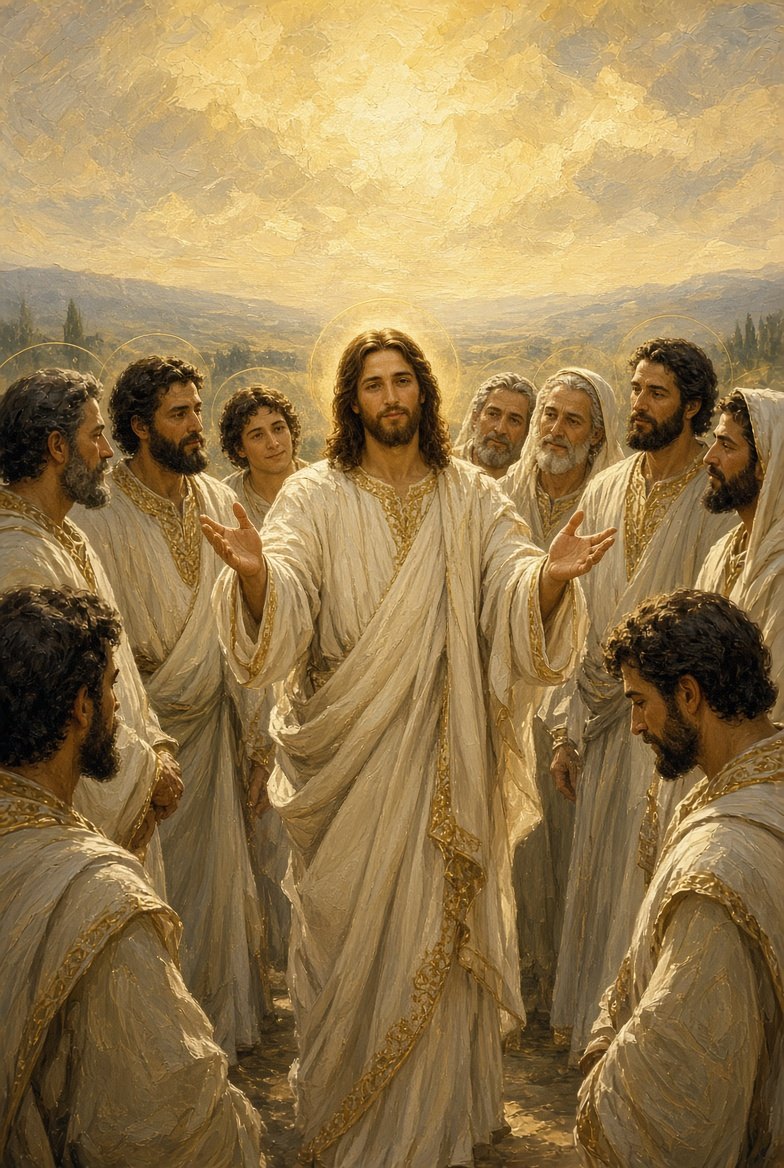 The risen Jesus in white and gold robes stands among the apostles, hands open, beneath a glowing sky.