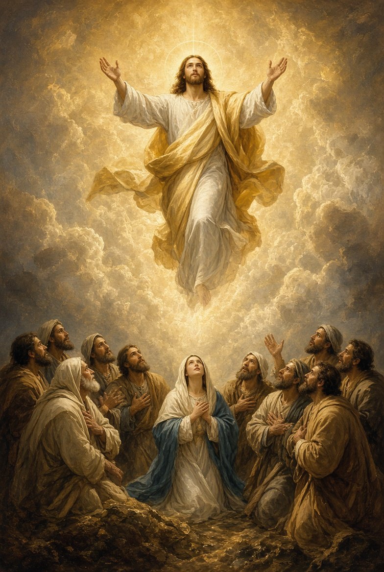 The Ascension — Christ rises into the clouds with arms raised as Mary and the apostles look up from below