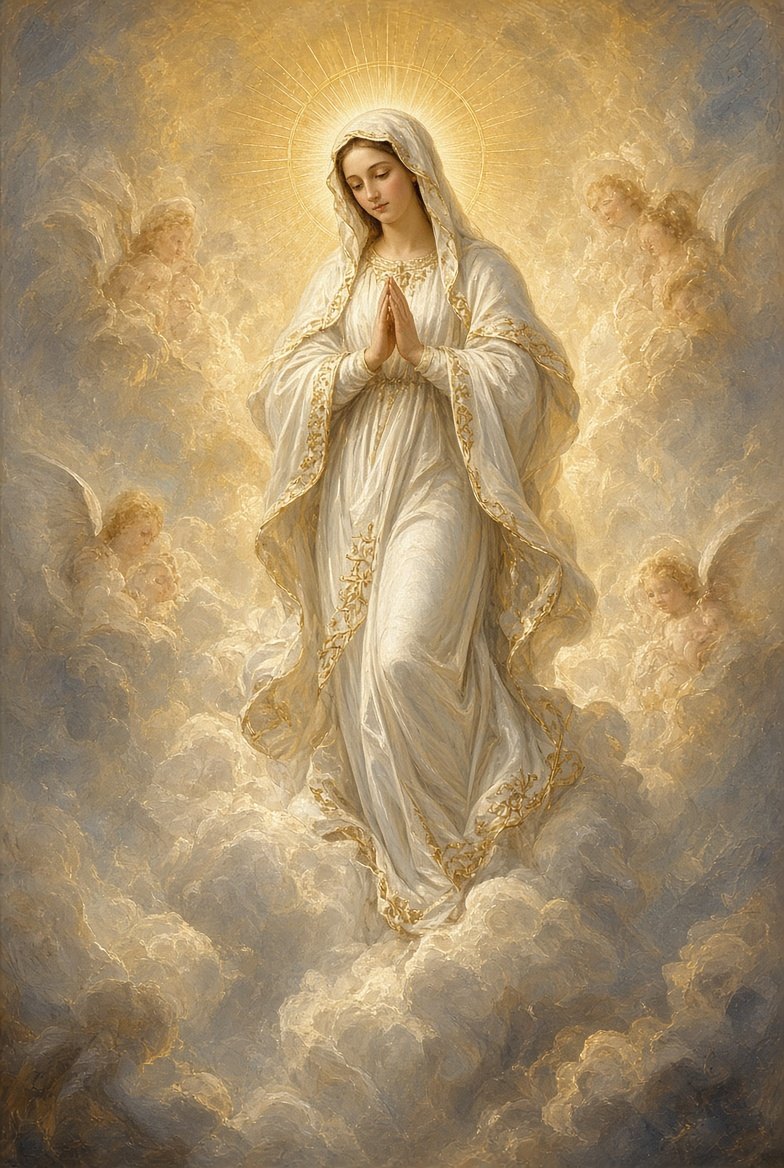 The Assumption — Mary, hands joined in prayer, is taken up into heaven among clouds and angels