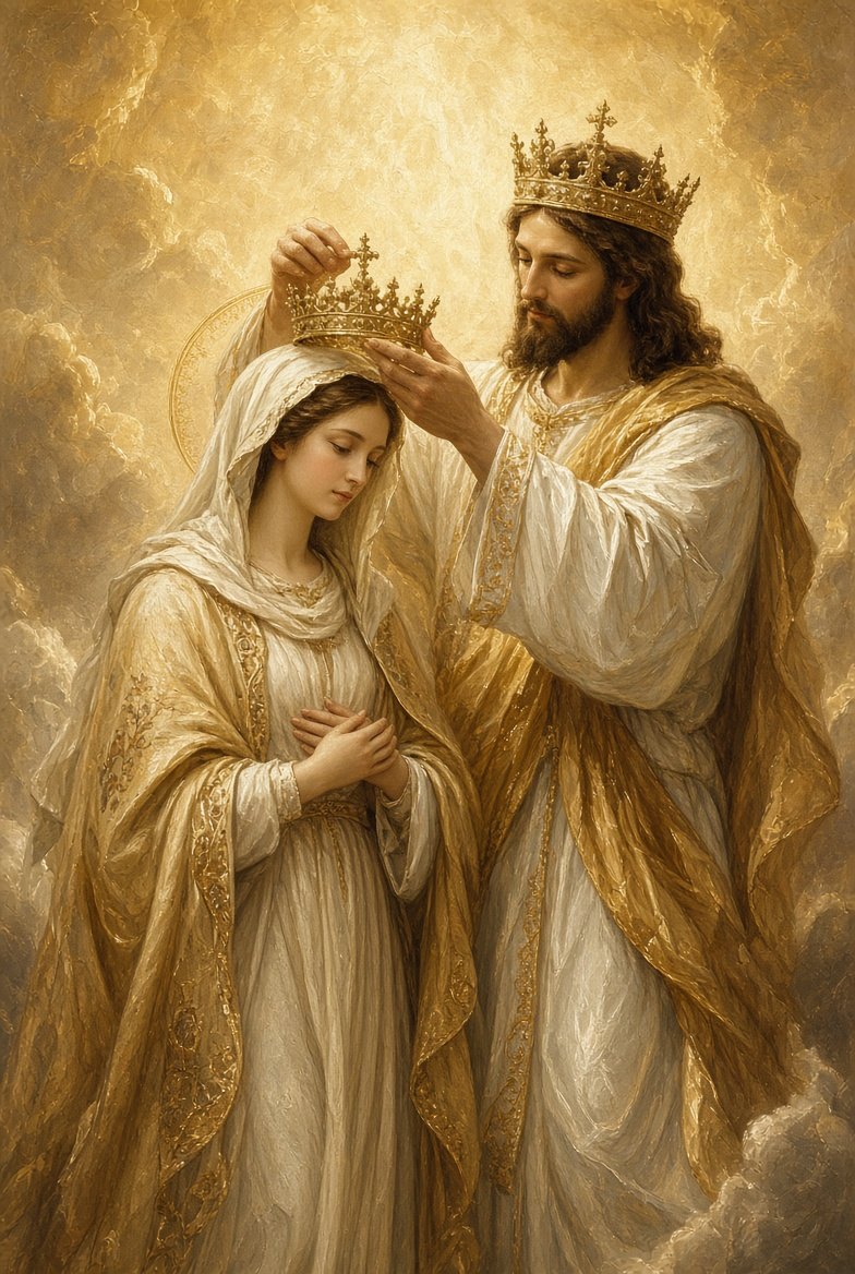 The Coronation of Mary — Christ, crowned, places a golden crown on Mary’s head