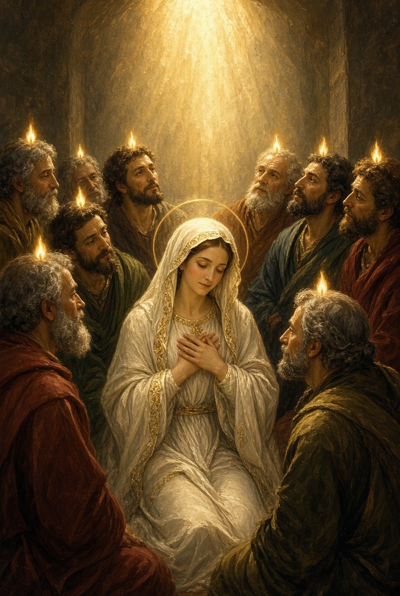 The Descent of the Holy Spirit — Mary and the apostles in the upper room, tongues of flame above their heads beneath a shaft of light