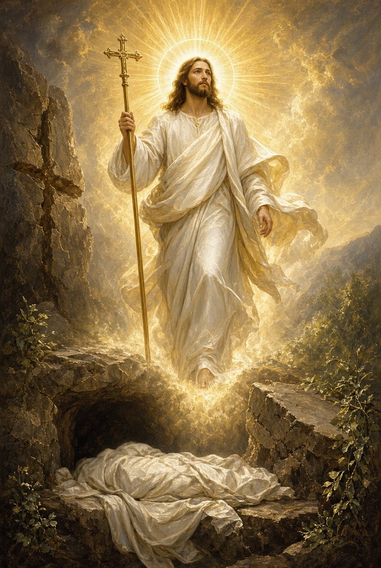 The Resurrection — the risen Christ, holding a cross-topped staff, stands in radiant light above the empty tomb and folded grave cloths