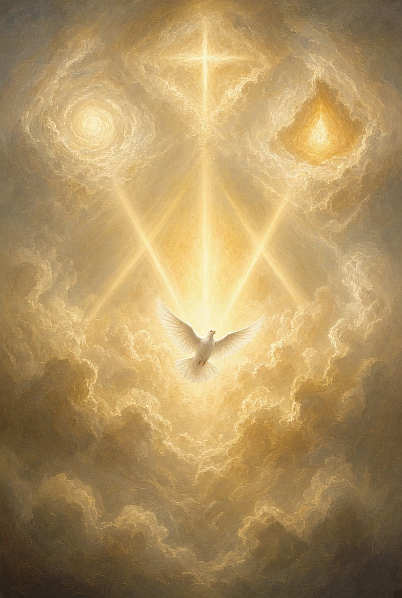 The Holy Trinity shown as three radiant lights joined by beams of glory above a white dove in golden clouds.