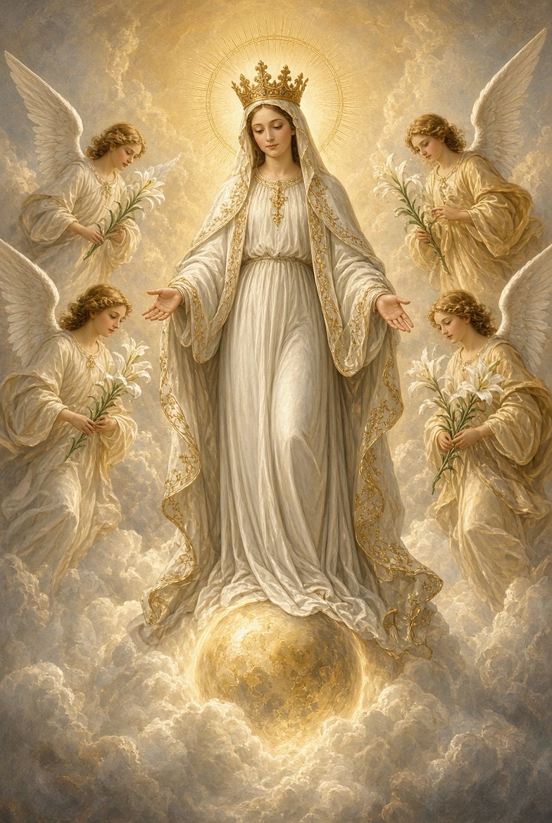 Crowned Mary in white and gold stands on a golden globe among clouds, surrounded by angels holding lilies.