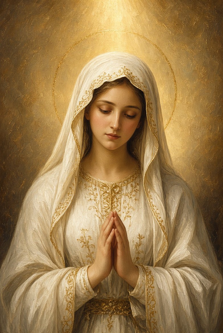 Mary, veiled in white and gold, prays with folded hands beneath a golden halo.