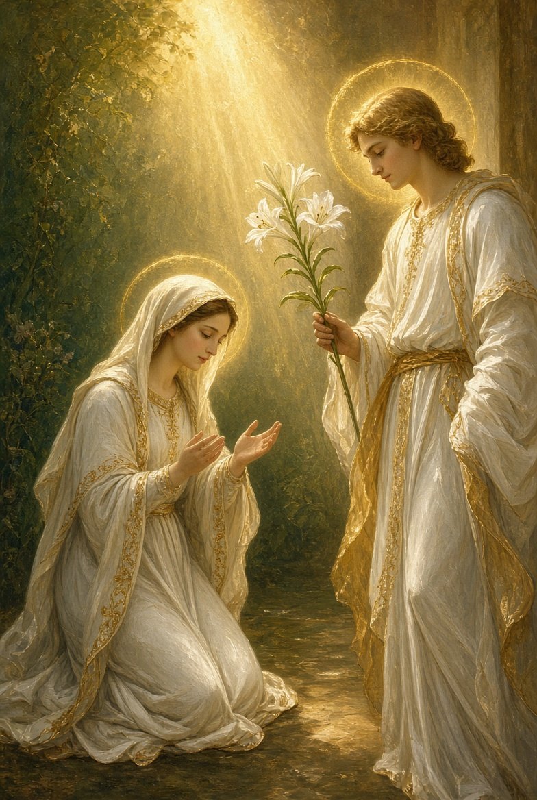 The Annunciation — the angel Gabriel, holding white lilies, appears to Mary kneeling in prayer