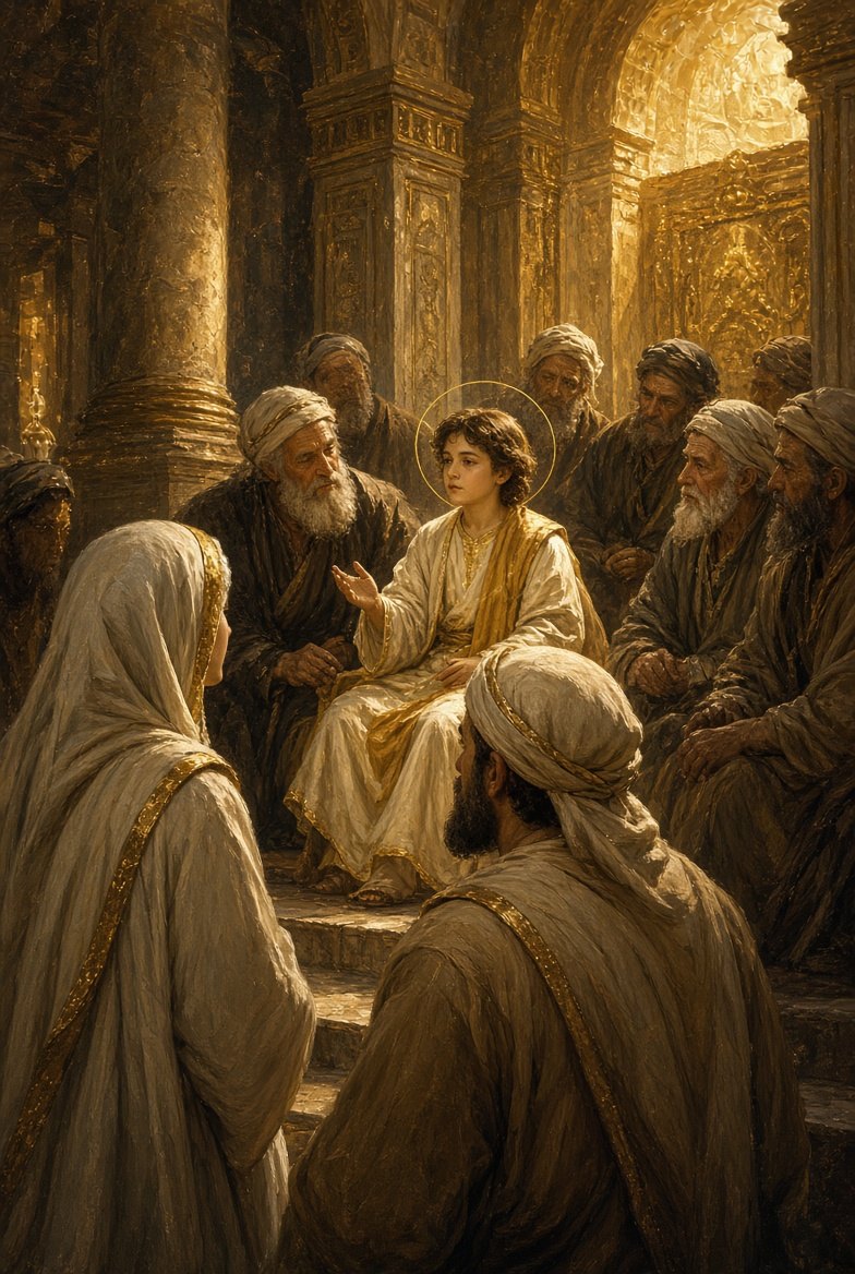 The Finding in the Temple — the young Jesus seated among the teachers as Mary and Joseph arrive
