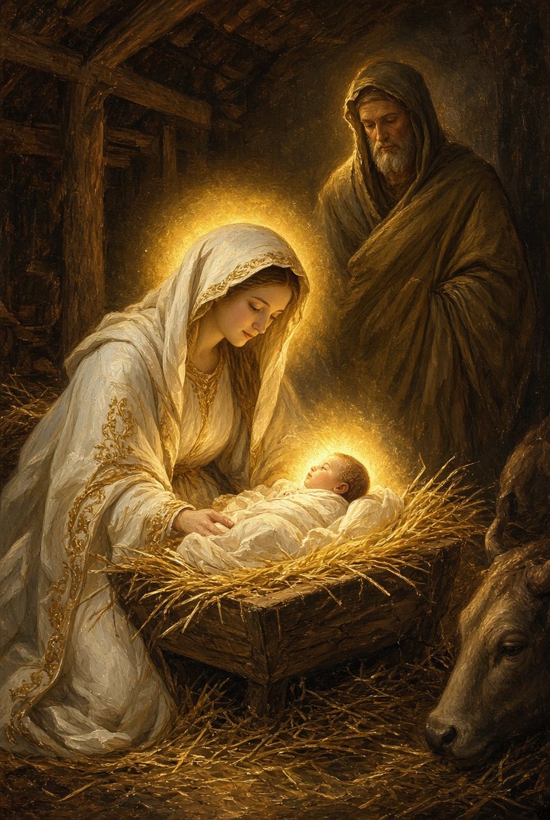 The Nativity — Mary watches over the newborn Jesus in the manger as Joseph stands nearby