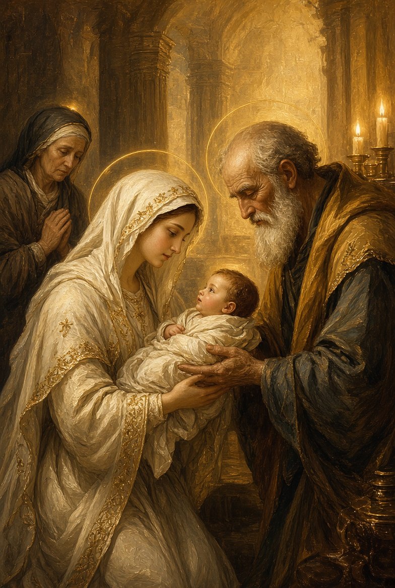 The Presentation — Mary and Joseph present the infant Jesus to the elder Simeon in the Temple