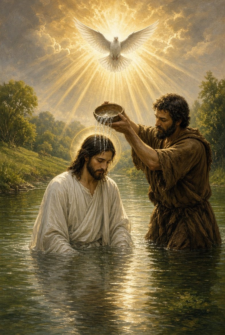 The Baptism of the Lord — John pours water over Jesus in the Jordan as the Holy Spirit descends as a dove