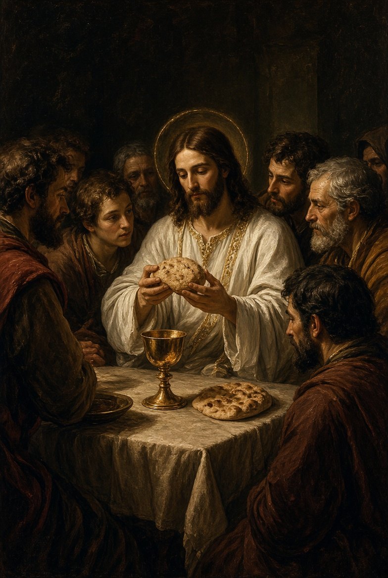 The Institution of the Eucharist — Jesus breaks bread at the Last Supper with a chalice before him, surrounded by the apostles