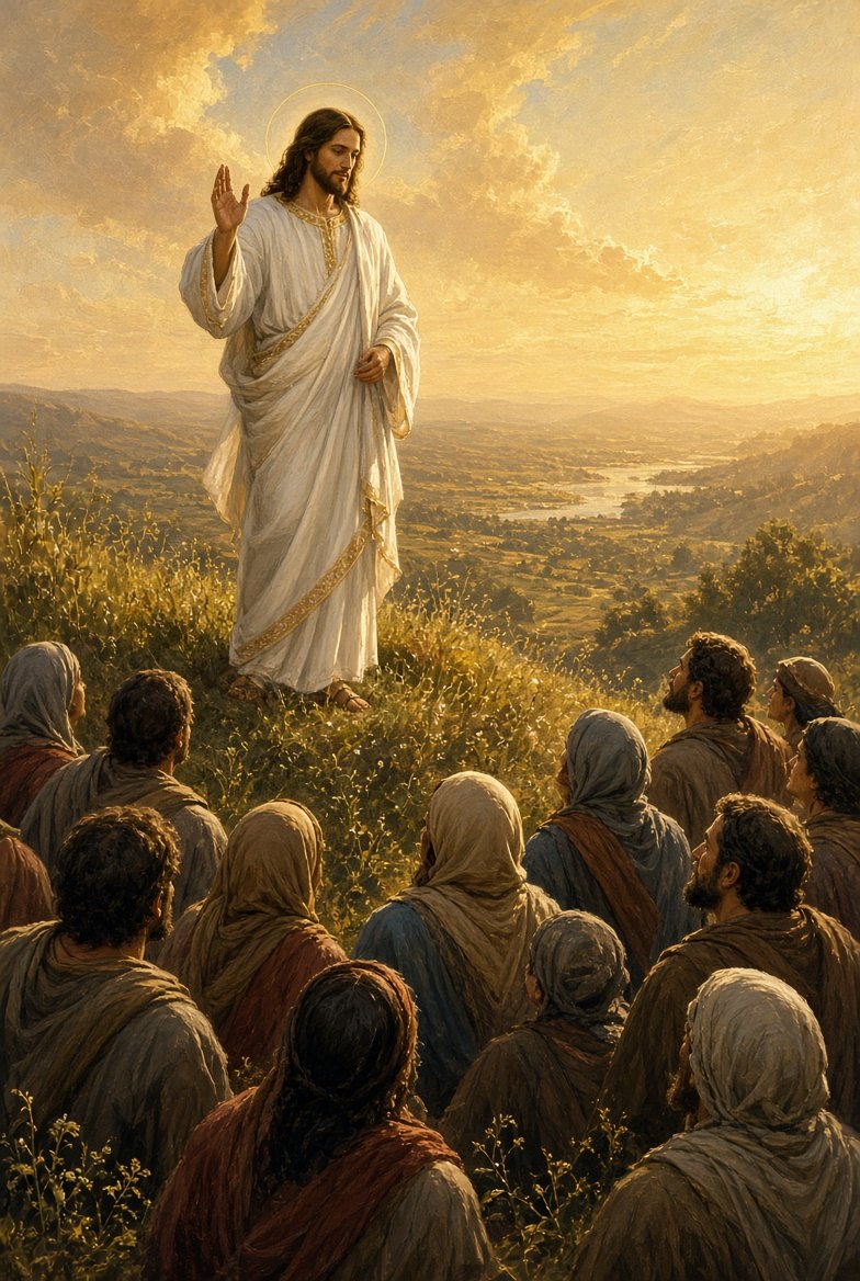 The Proclamation of the Kingdom — Jesus, hand raised, preaches to a crowd on a sunlit hillside