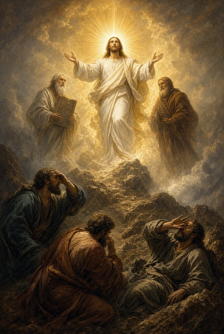 The Transfiguration — Jesus shines in glory with Moses and Elijah as Peter, James, and John fall to the ground