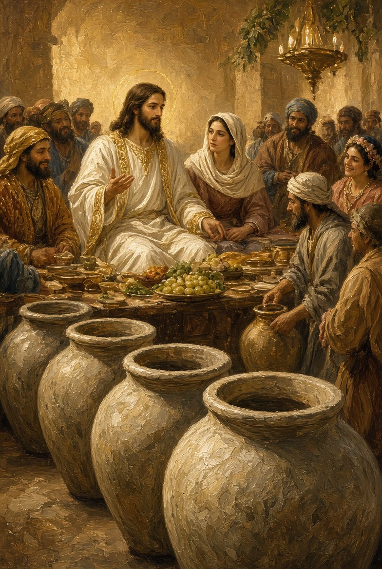 The Wedding at Cana — Jesus and Mary at the wedding feast beside large stone water jars