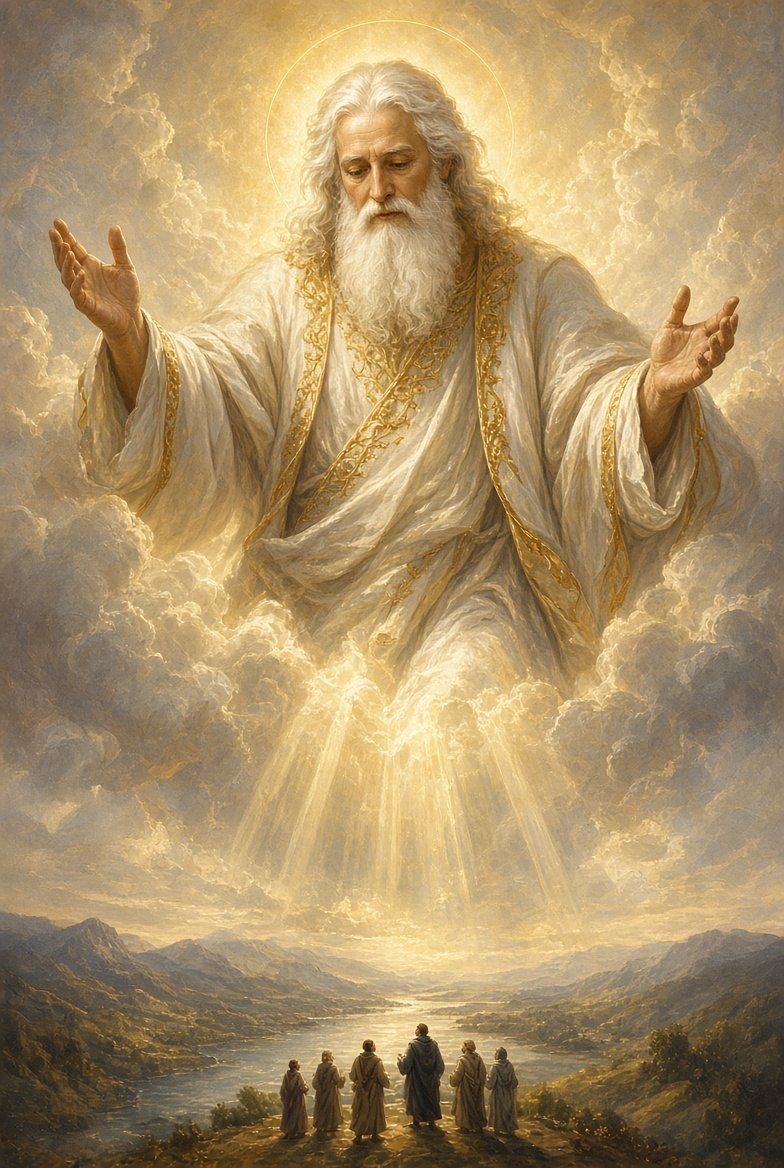 God the Father in white and gold robes opens his arms above the clouds, light streaming down on disciples below.