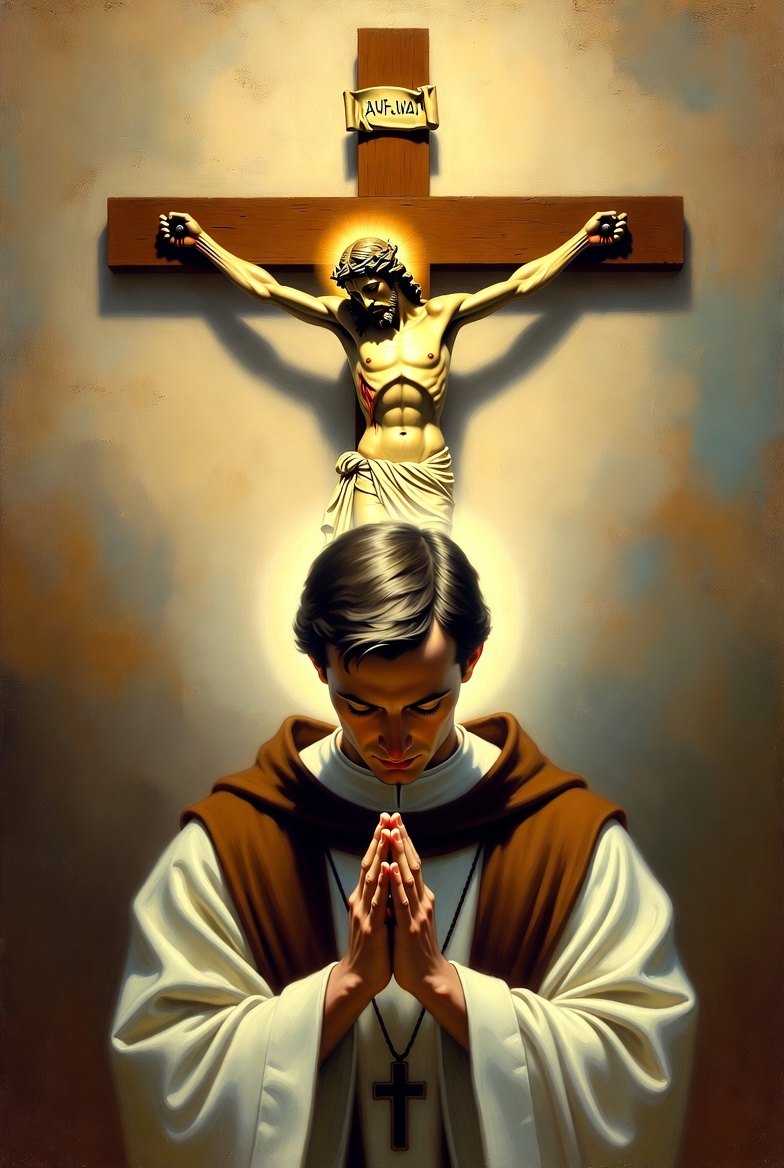 A friar in a white and brown habit prays with folded hands beneath a crucifix.