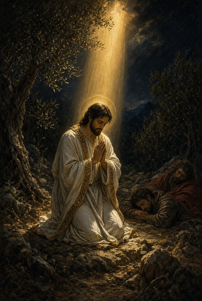 The Agony in the Garden — Jesus kneels in prayer beneath a shaft of light while the apostles sleep