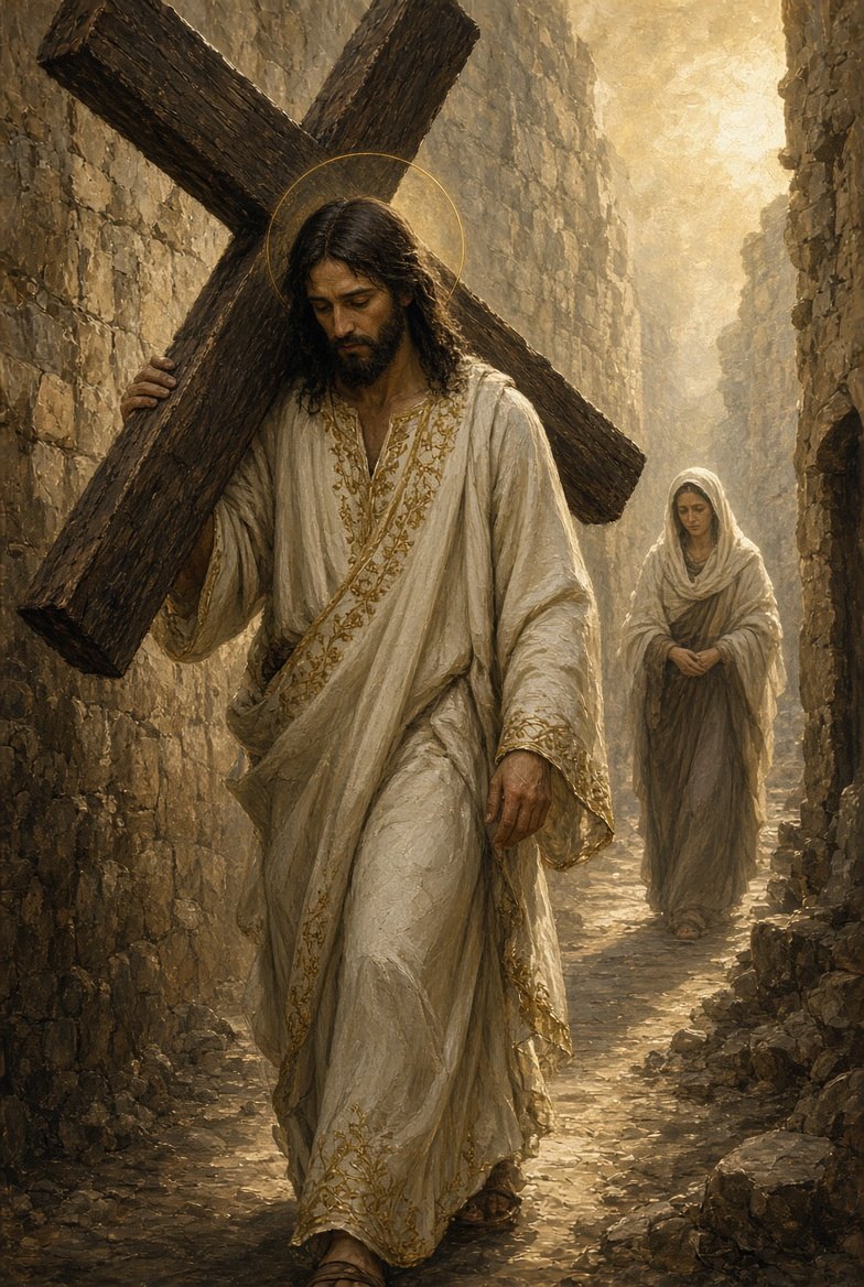 The Carrying of the Cross — Jesus bears the cross along a stone street as Mary follows