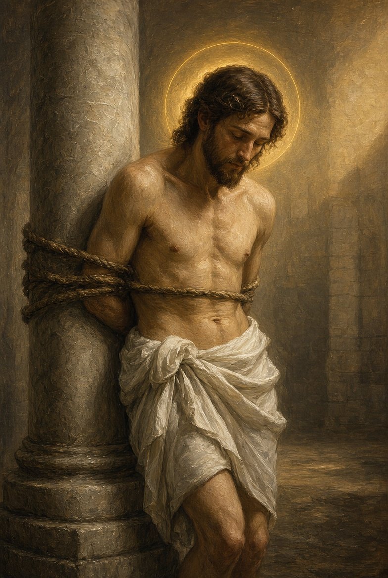The Scourging at the Pillar — Jesus bound with rope to a stone pillar