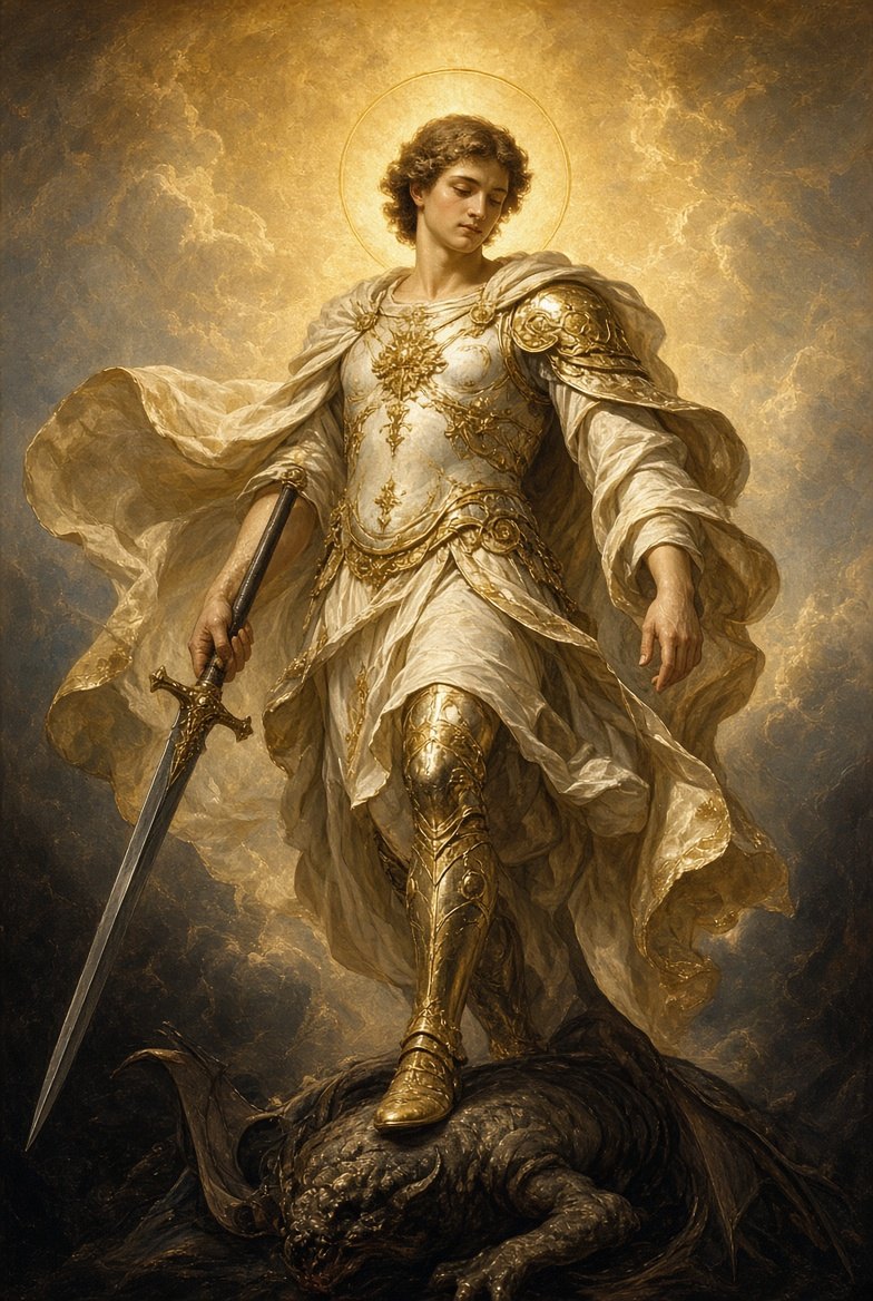 St. Michael the Archangel in white and gold armor, sword in hand, stands over a defeated dragon.